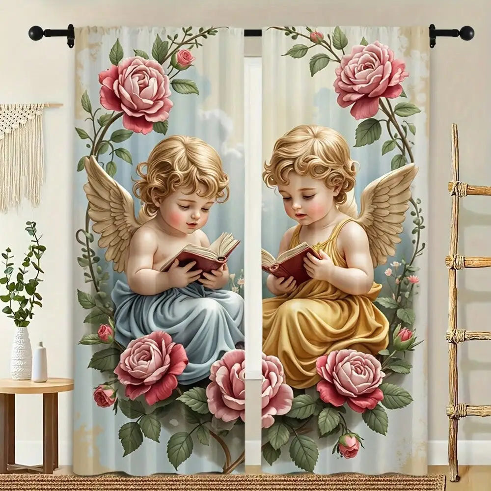 2 Pieces Angel Floral Print Curtains With Little Angel And Rose Pattern - 100% Polyester Half Rod Top Curtains For Bedroom