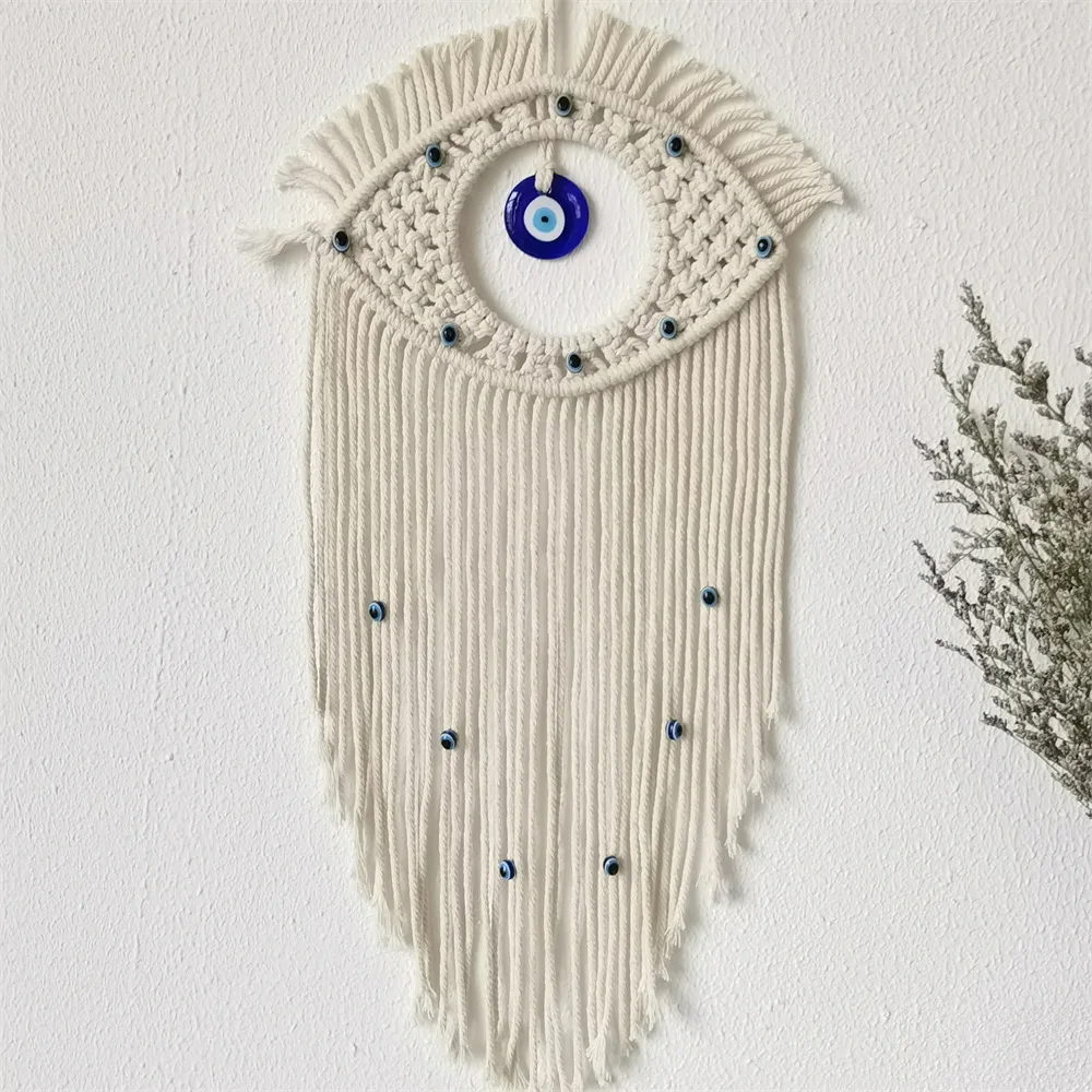 Bohemian Macrame Evil Eye Wall Hanging Cotton Hand Woven Tassel Wall Decor for Home Bedroom Ornament