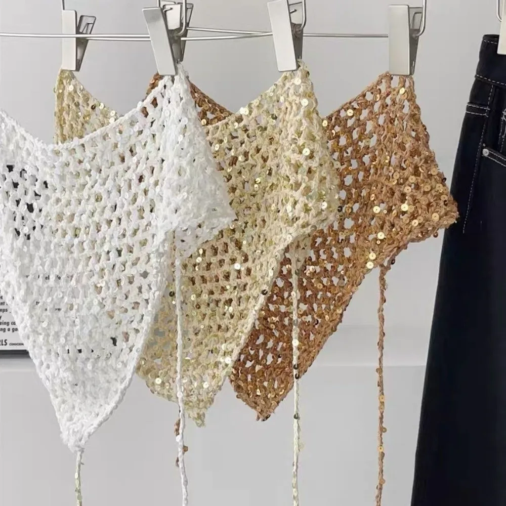 

Simple Sequined Triangular Scarf Bohemian Exotic Tassel Knitted Triangle Scarf Cape Cloak Hollow Shawl Female