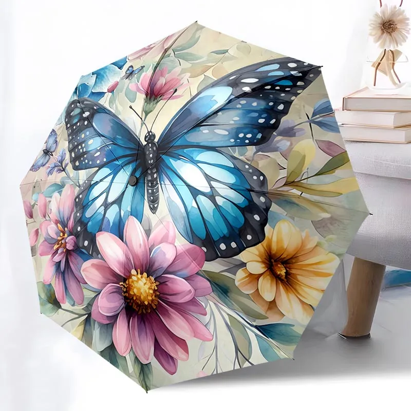 

Складной зонт на тему бабочки с цветочным принтом, модный, с автоматическим открытием, 8, железные ребра, пластиковая ручка, складной солнцезащитный козырек, идеальные рождественские подарки