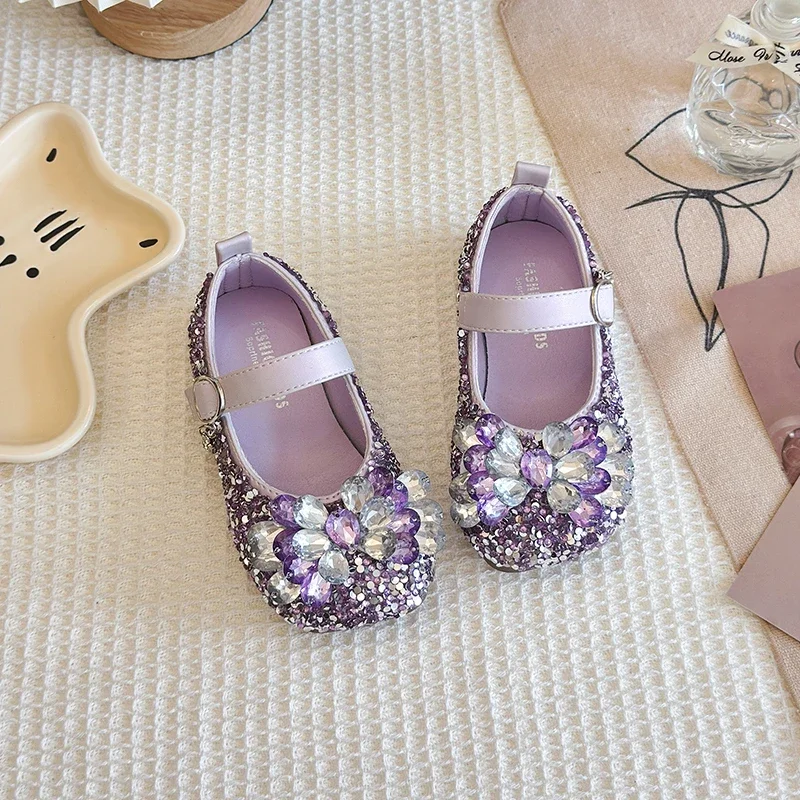 Toddler Girls Glitter Mary‑Jane Princess Shoes, 3D Rhinestone Flower Adjustable Buckle Soft Flat Dress Shoes for Party