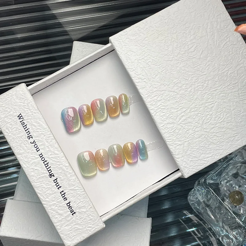 

10 шт., разноцветные накладные ногти с кошачьим глазом, короткие накладные ногти с квадратной головкой, многоразовые накладные ногти ручной работы с полным покрытием, кончики ногтей