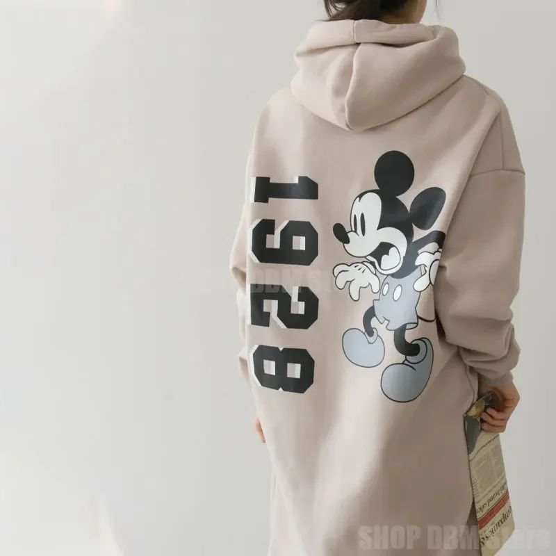 Disney Mickey Mouse Spring Autumn Sweatshirt Long-Sleeved Dress Woman Clothing Hooded Collar Pocket Simple Lady Dress Sweatshirt