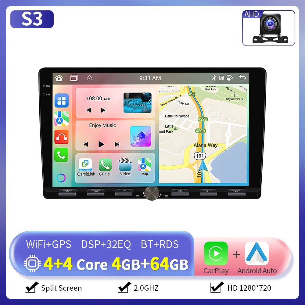 Camecho 6 + 128G 2 Din Autoradio 9 ''IPS Touchscreen Universele Multimedia Speler Carplay Android Auto WIFI GPS Navigatie DSP RDS