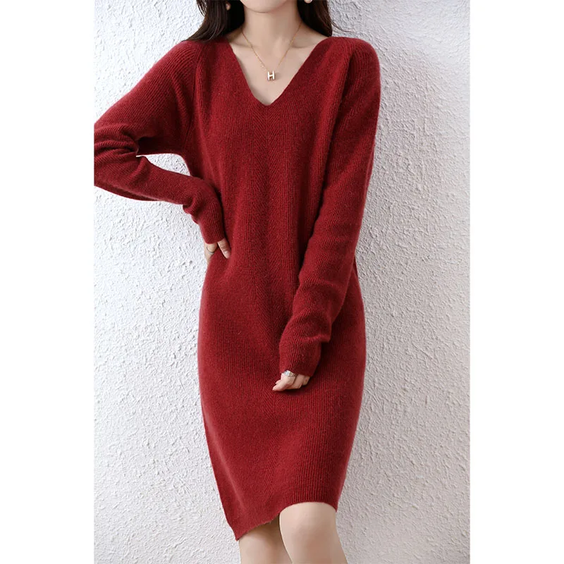 Tailor Sheep 100% Merino Wool Knitted Sweater Women Dress Winter/Autumn V-Neck Female Knee Length Dresses Long Thicken Jumper