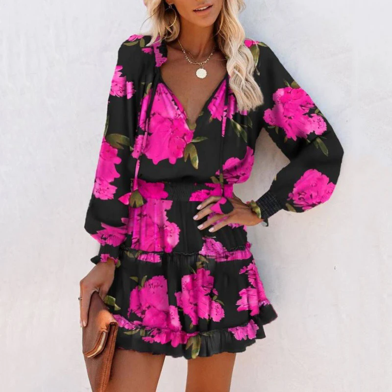 

2023 Women New Dress V-neck Lace Up Ruffle Patchwork Folds Print High Waist Long Sleeve Fashion Eelgant Commute Female Dress