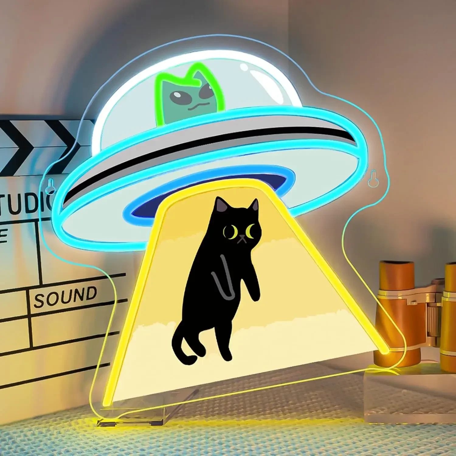 UFO Cat Neon Sign Blue Yellow LED Wall Art USB Powered Alien Abduction Decor Bedroom Bar Man Cave Novelty Gift Hanging Light