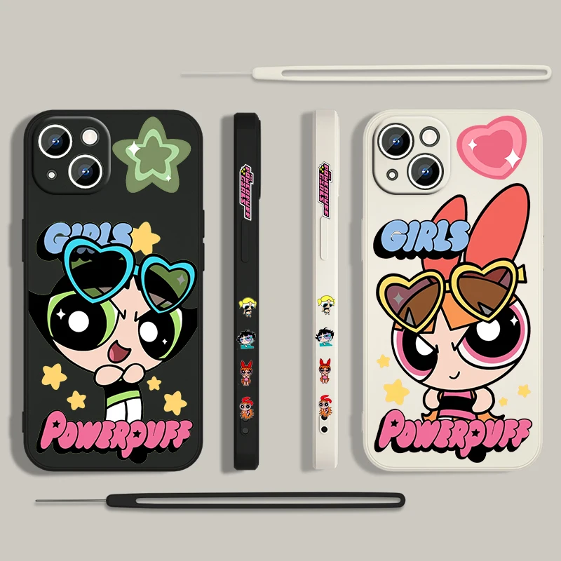 Cute Funny P-Powerpuff Girls Phone Case For Apple iPhone 15 14 13 12 11 Pro Max Plus 8 7 SE Liquid Left Rope Capa Cover