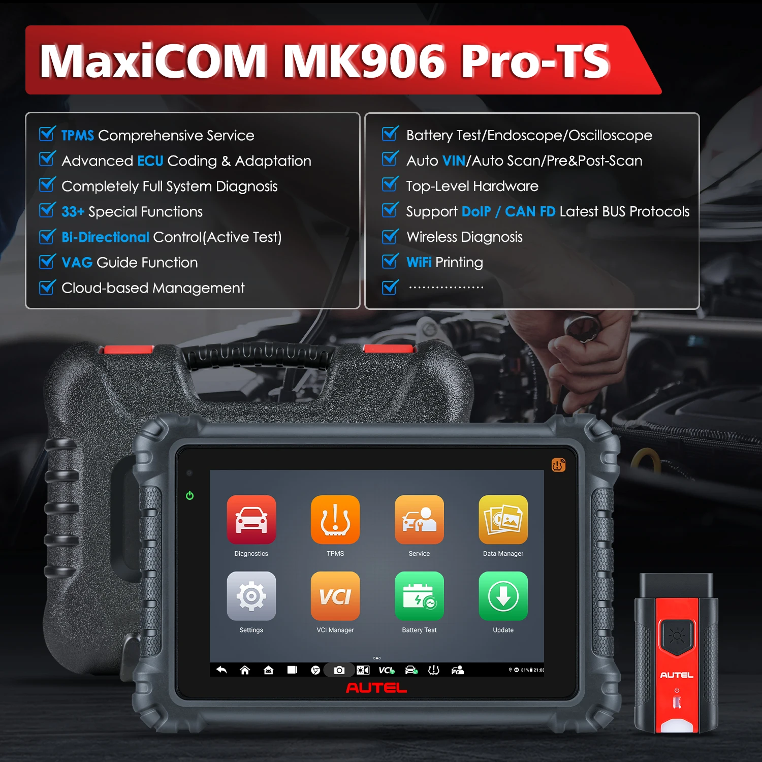 Autel MaxiCOM MK906Pro-TS TPMS Programming Diagnostic Tool With ECU Coding,36 Service,All Systems Diagnosis PK MS906Pro MK906Pro