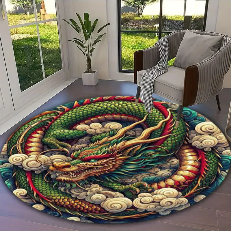 Mystical Dragon Round Area Rug, Polyester Decorative Mat for Office Living Room Bedroom Yoga Balcony Travel, Washable Carpet