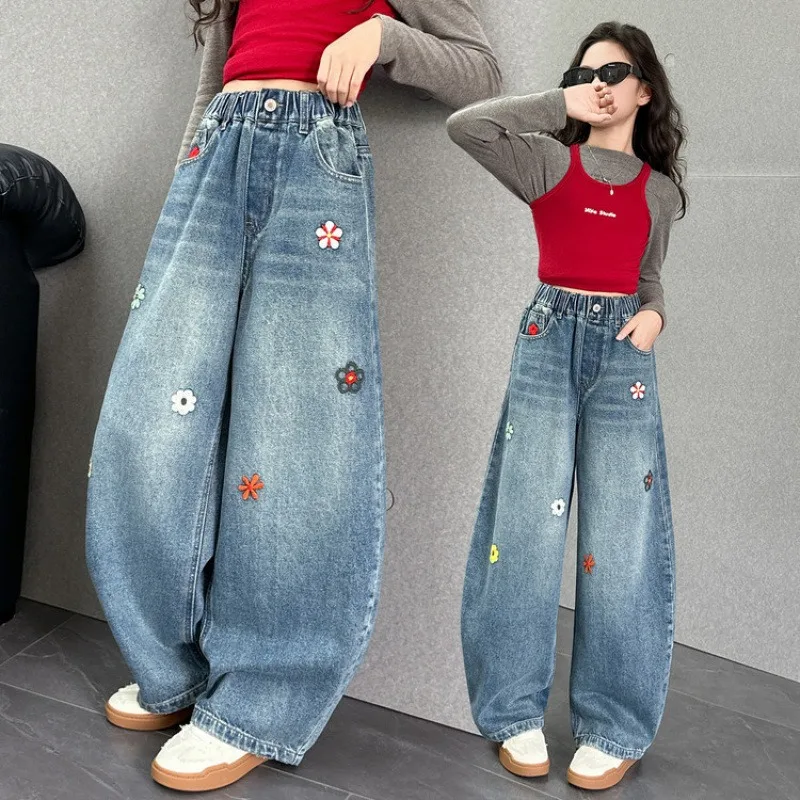 UNITIM Herbst Kinder-Jeans mit Liebes-Stickerei, Gerade Hosen für Junge Mädchen, Lose Elastische Taille, Denim-Hosen für Junge Teenager-Mädchen – Detail 1