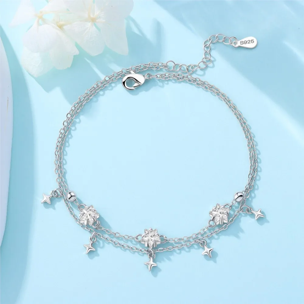 Women's S925 Sterling Silver Double Star Shaped Chain Anklet