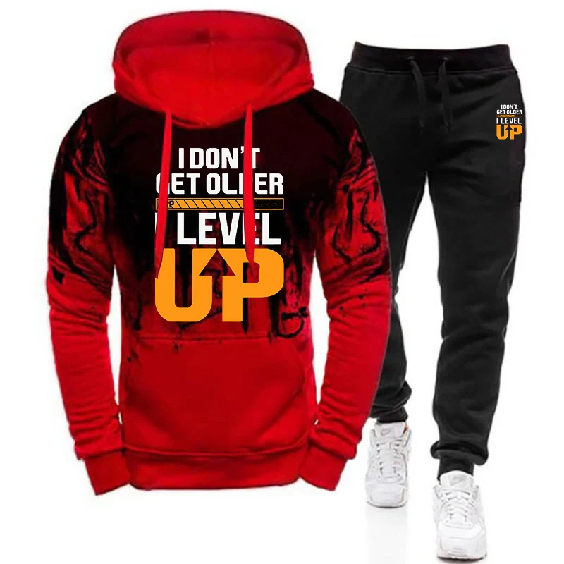 Spring And Autumn Men's I Don't Get Older I Level up Logo Print 2025 No Loss of Texture Premium Hoodies Pants Sports Suits