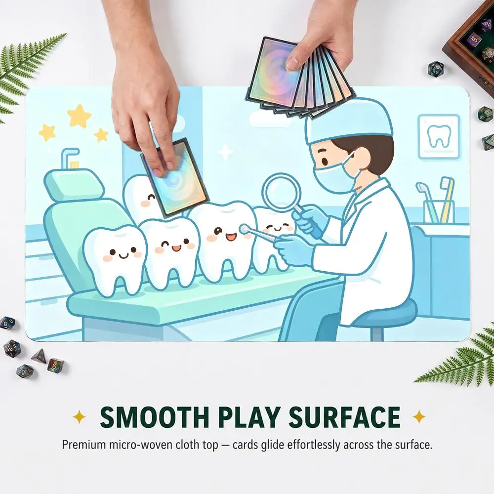 Cute Dentist Examining Teeth TCG Playmat Dental Clinic Trading Card Desk Mat Non‑Slip Rubber Mouse Pad For Card Game Players