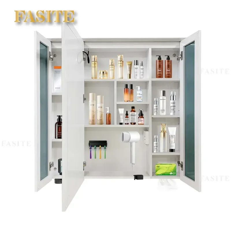 For Bathroom Wall Mounted Smart Mirror Cabinet with Light Ultra White Glass Through Top Design Separate Storage Box