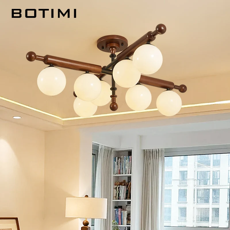

BOTIMI Brown Solid Wood Chandelier With White Round Glass Lampshades For Living Room Wooden Bedroom Lights 4 6 LED Nordic Lustre