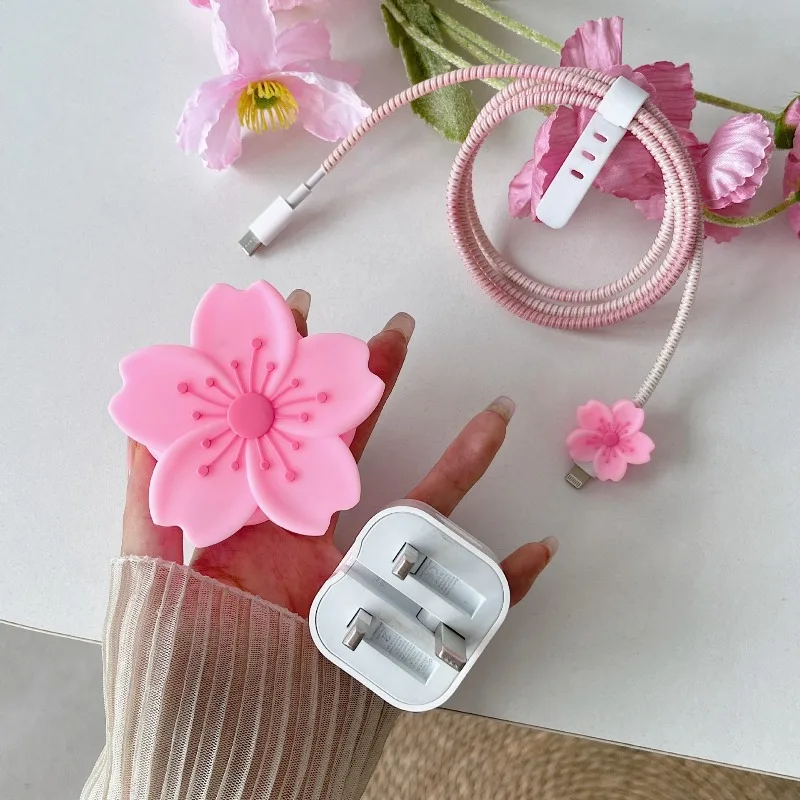 3D Soft Case for iPhone 18/20W Cherry blossoms Fast Charging Candy Color Fruit USB Data Cable Protective Case Winder Organizer