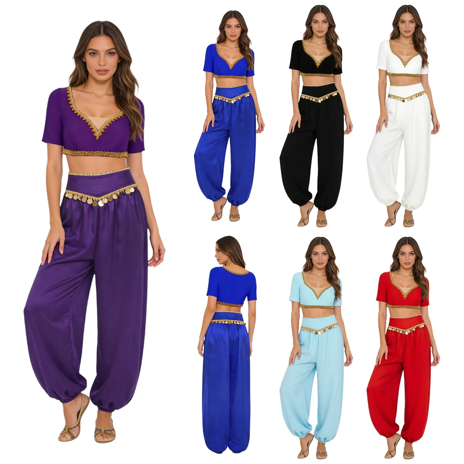 Top corto da donna per danza del ventre folk lirica e pantaloni lunghi con nappe con paillettes Set da 2 pezzi per abiti da ballo popolare indiano