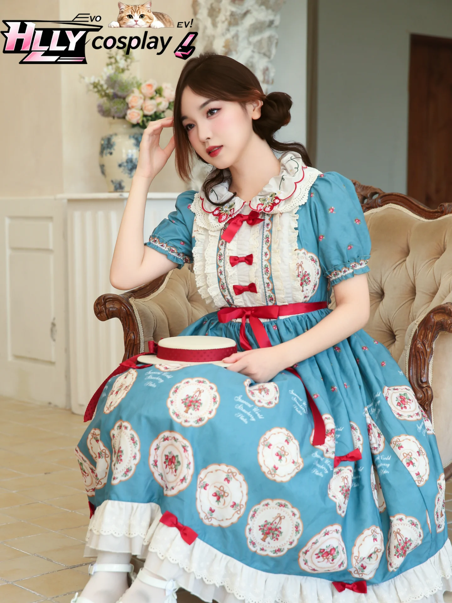 

Original Design Court Style Elegant Lolita OP Dress Princess Vintage Floral Teal Blue Puff Sleeve High Waist Red Bow Ruffle Lace