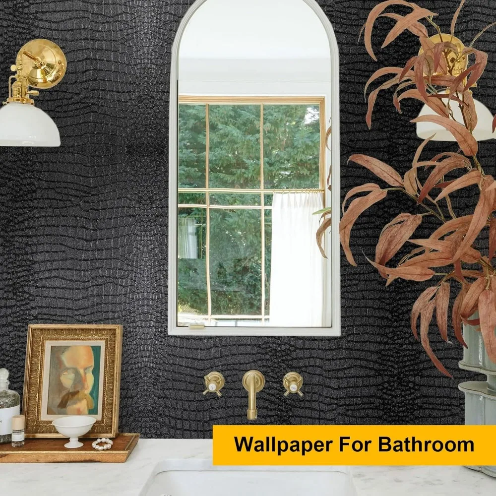 ورق جدران ذاتي اللصق بنمط تمساح للخزائن، ورق اتصال أسود حديث قابل للإزالة، بطول 630 بوصة × 17.3 بوصة