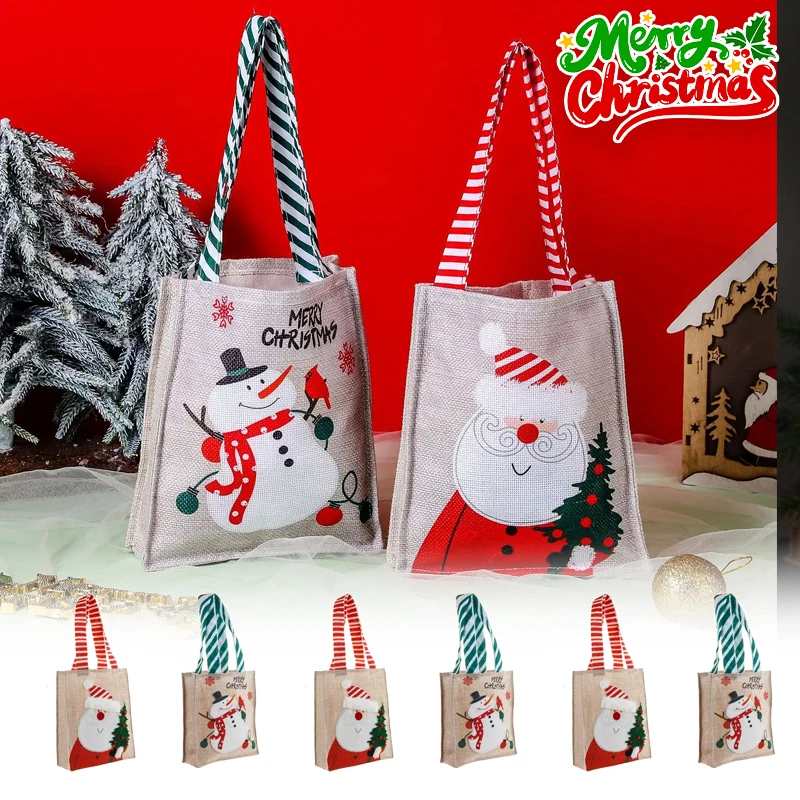 عيد الميلاد كاندي أبل الحقيبة سانتا ثلج طباعة شنطة هدايا نسيج الجوت الطبيعي قابلة لإعادة الاستخدام عطلة حفلة لصالح التخزين
