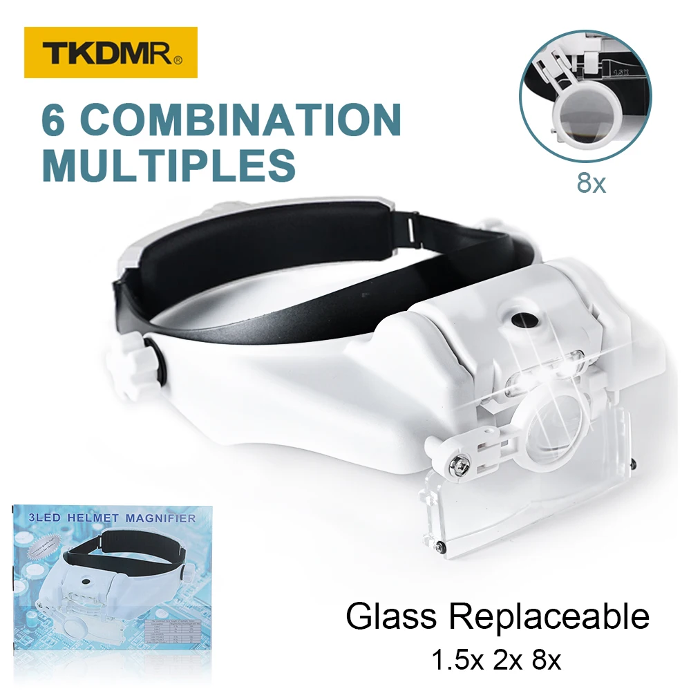 TKDMR 3LED Headband Magnifier Hands Free Battery Magnifying Glasses for Jewelry Loupe Watch Electronic Repair 1.5x2x8x Lens