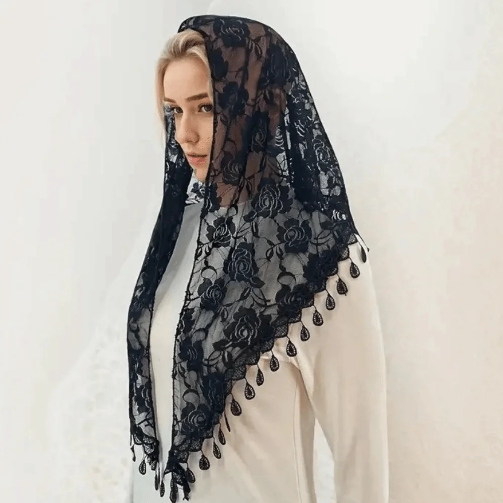 Vintage Breathable Tassels Lace Head Scarf Embroidery Elegant Lace Flower Head Cover Bridal Veils Church