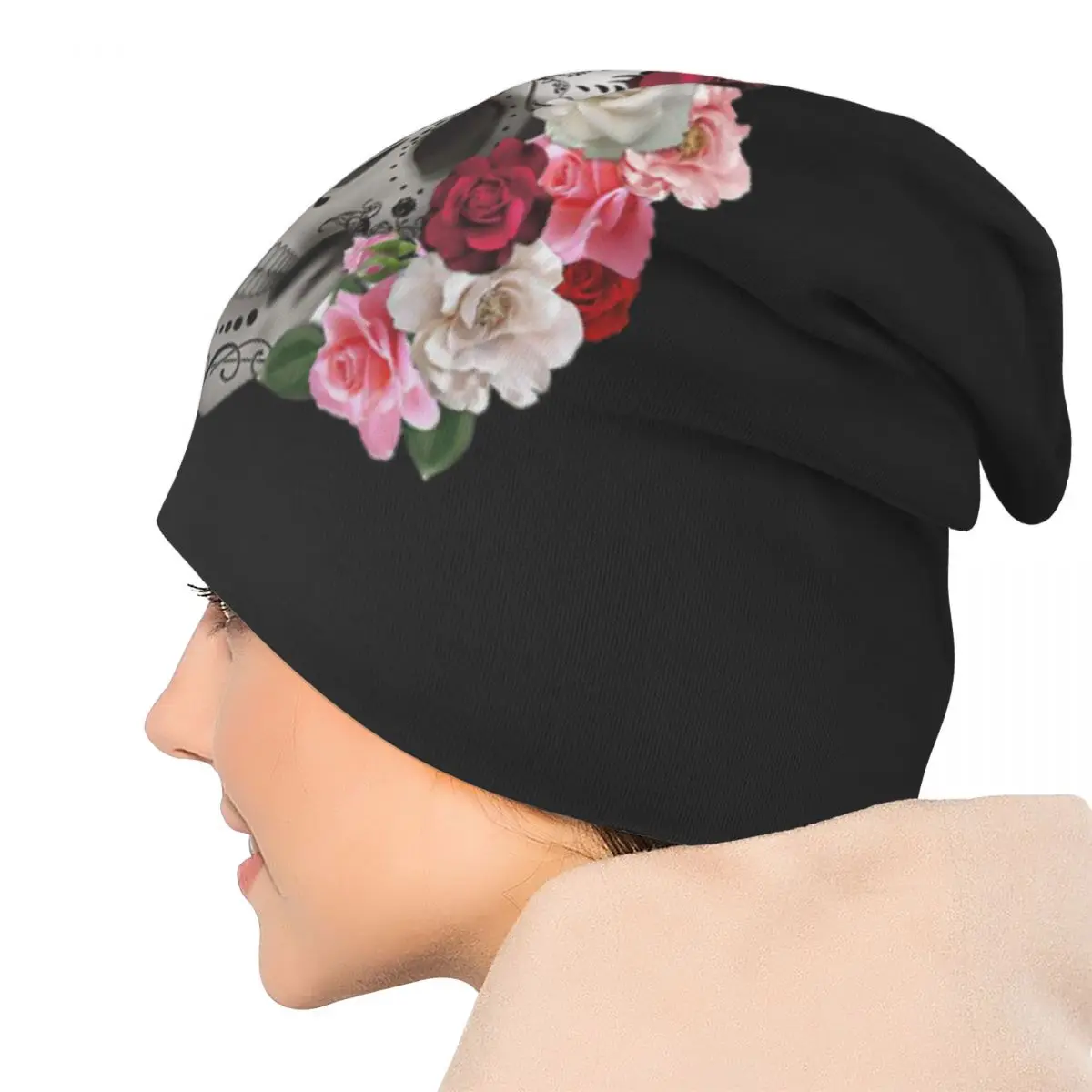 السكر الجمجمة مع الورود Skullies قبعة صغيرة دافئة الخريف الشتاء في الهواء الطلق قبعة محبوك بونيه قبعات للرجال النساء الكبار