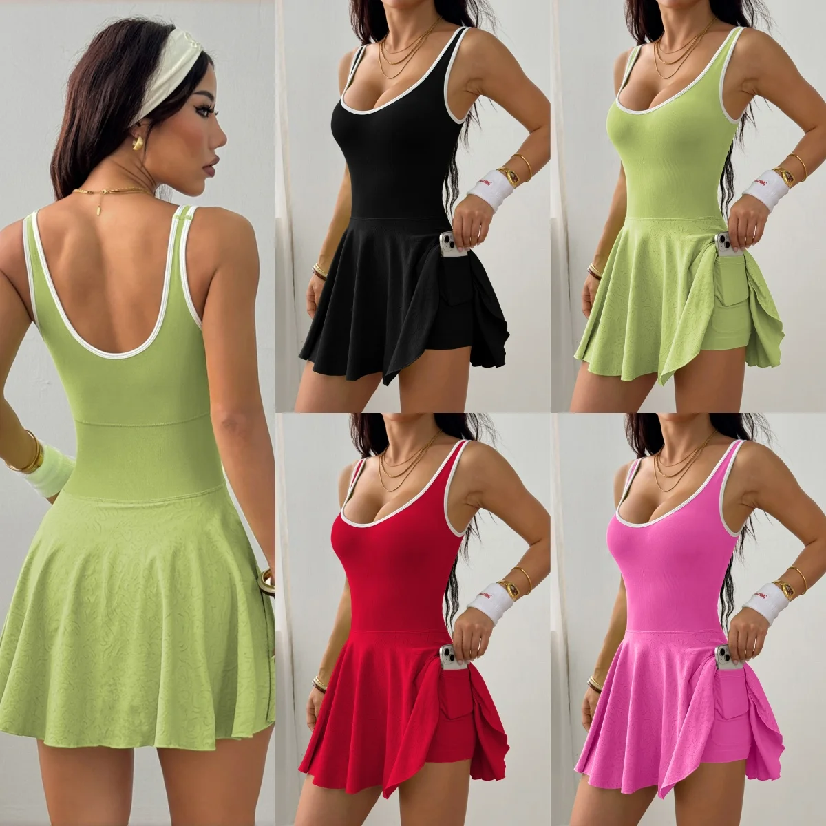 Women Cross Backless Tennis Dress Sleeveless Fitness Yoga Golf Sports Dresses Dress Tennis Suits Skirt With Bra And Shorts