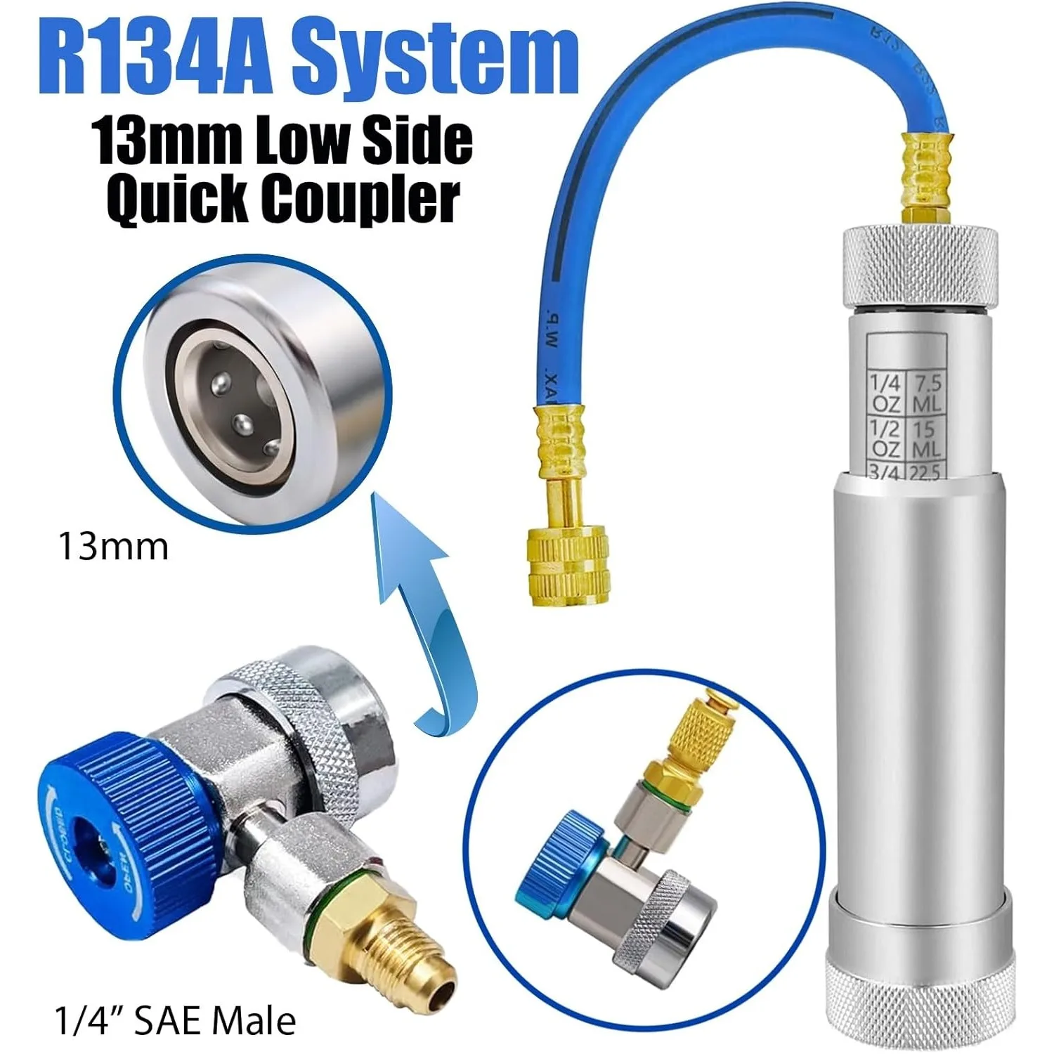 AC Oil Dye Injector, Professional Snap Push-in A/C Oil and Dye Injector w/ R134A Quick Coupler, R1234YF, R410 Mini Split Adapter