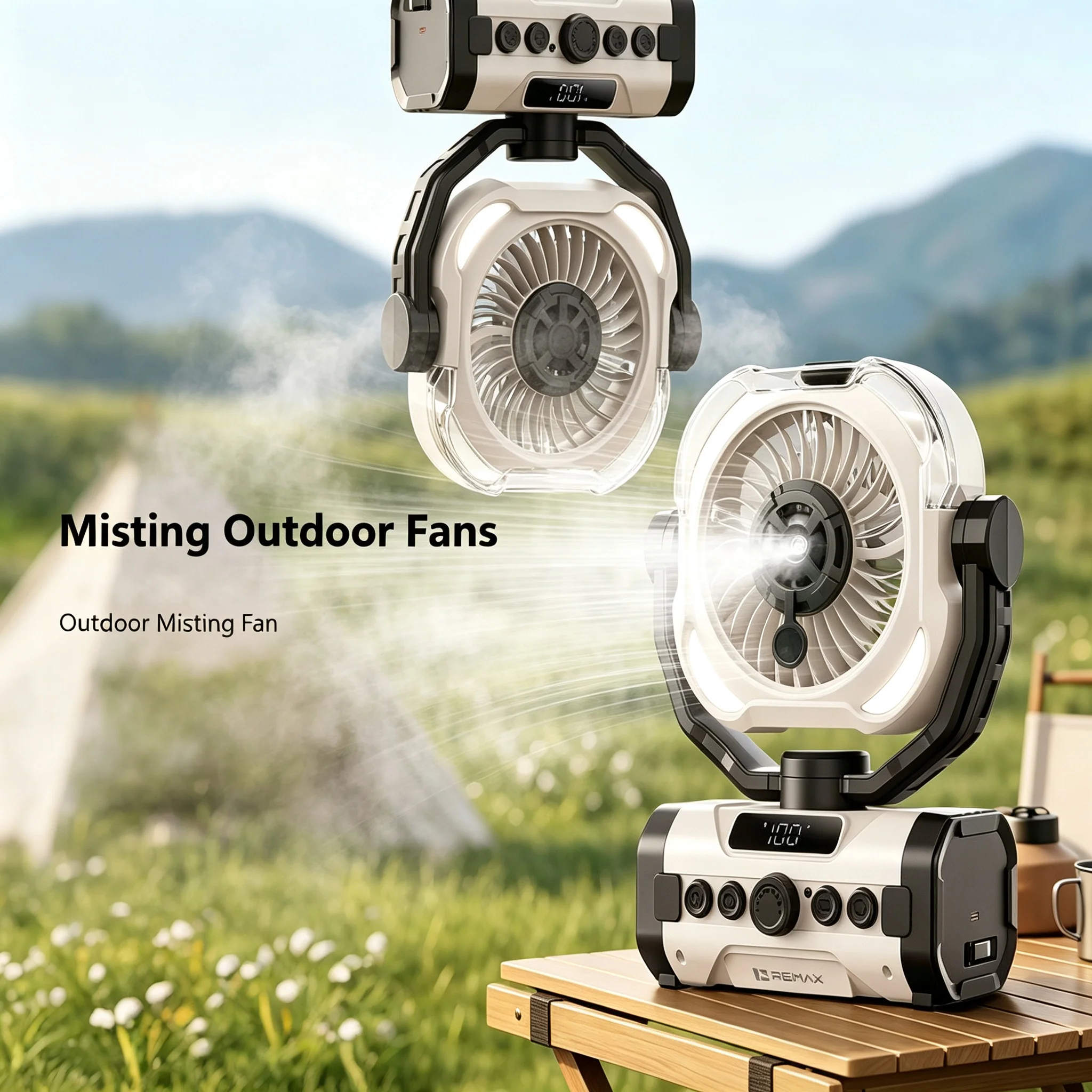 REMAX Misting Fan 20000mAh Portable Cooling Fan 100 Speed Stepless Remote Control LED Display Oscillating Outdoor Camping Travel