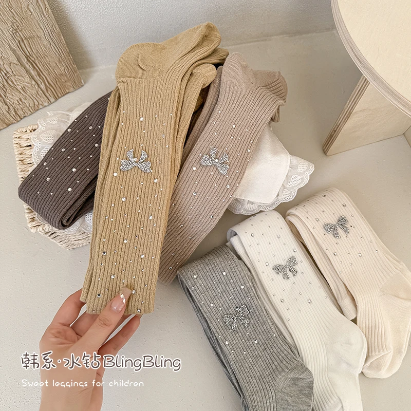KID Girls Kawaii Rhinestone Bow Footed Tights Sweet Fashion Style Soft Stretchy Breathable Ideal for Daily Outfit Children Pants view 5