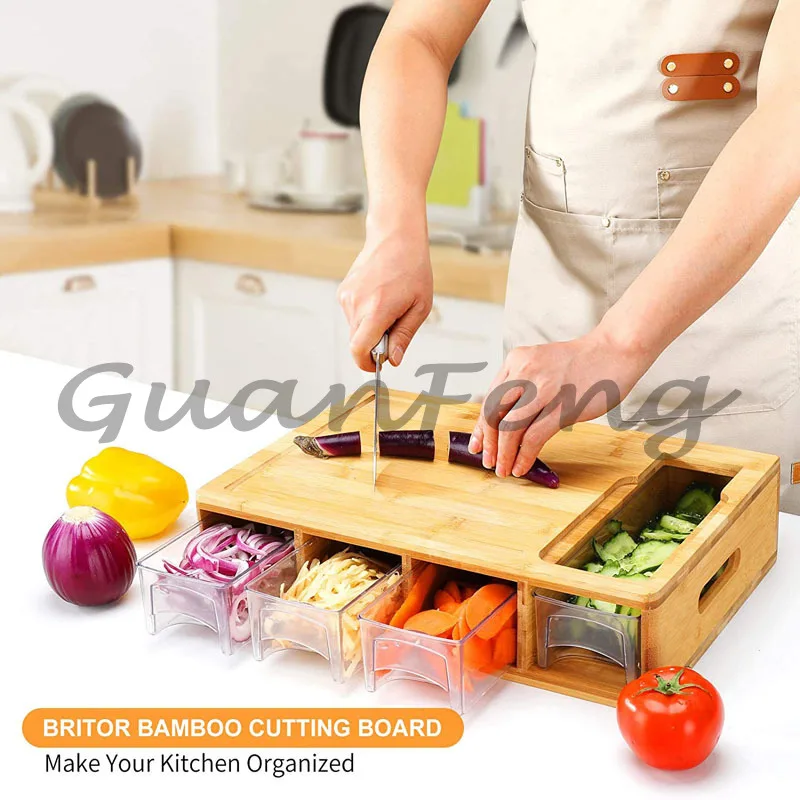 Multifunctional Bamboo Cutting Board Set With Drawer Storage Natural Nanzhu Kitchen Chopping Block