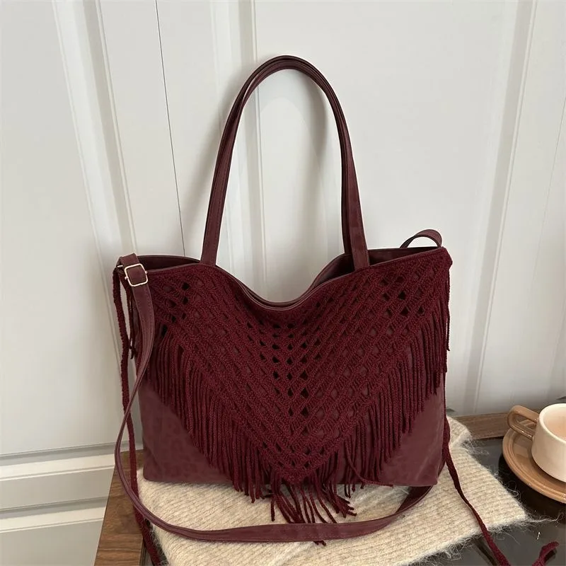 

Niche Design Hollowed Out Maillard Bohemian Retro Fringed Bag Women's Messenger Tote Bag Exquisite Personality Simple Leisure