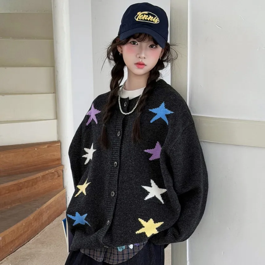 Girls Knit Cardigan Autumn Colorful Star Gray Children Sweater 2026 Warm Versatile Soft