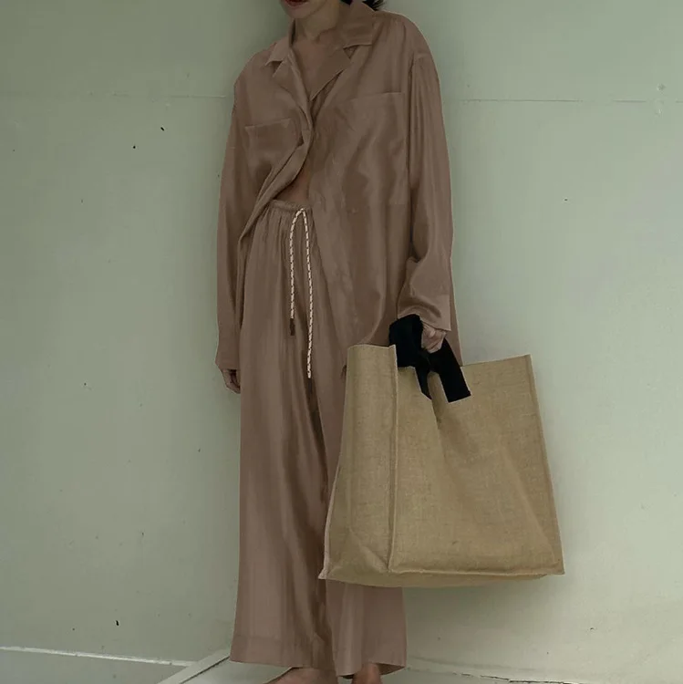 

Fashion Loose Brown 2 Piece Sets Women Outfit 2026 Elegant Long Sleeve Shirt with High Waist Solid Wide Pants Set Female