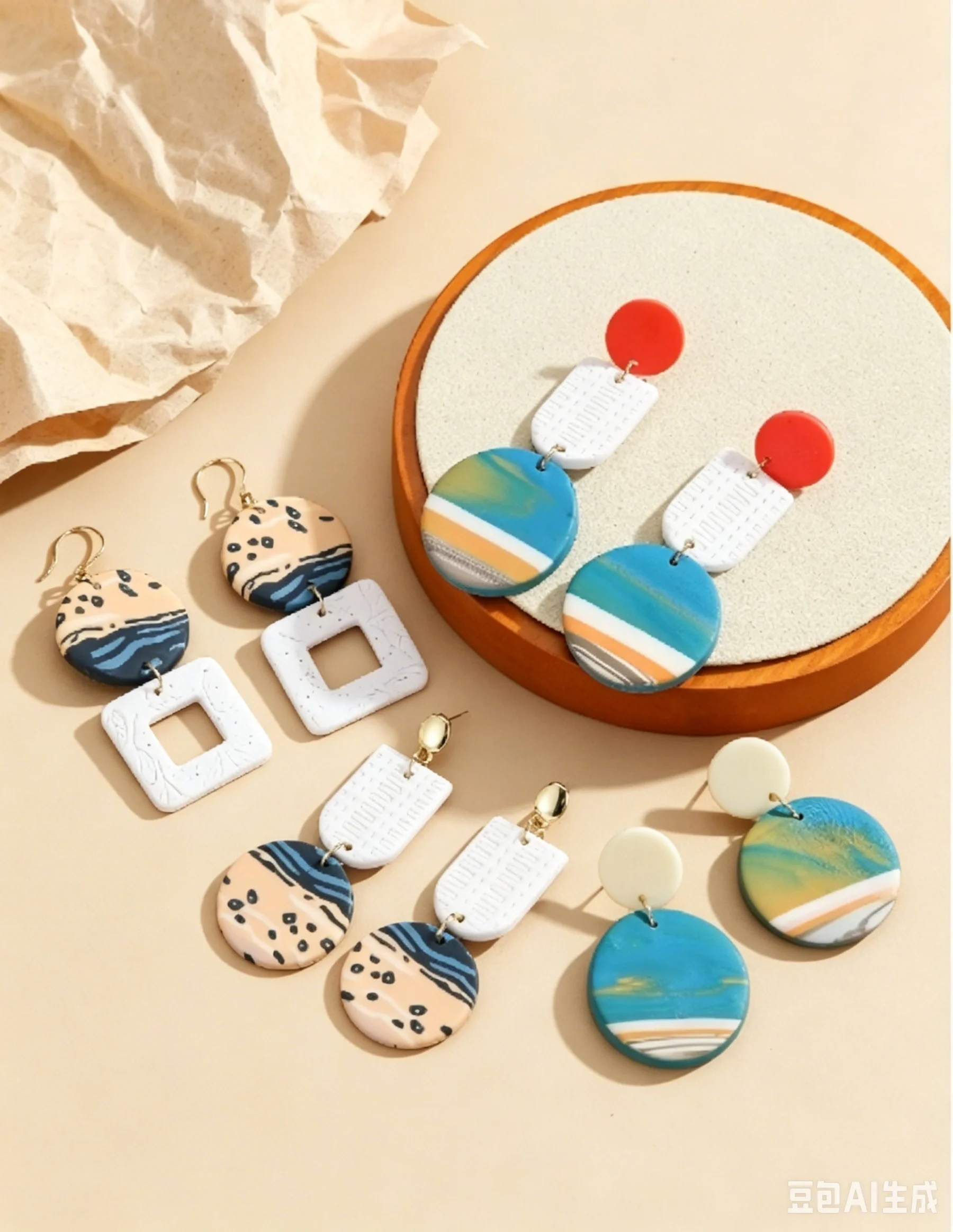 Beach Blue Marbled PolymerClay Earrings Abstract Landscape Geometric Drop Summer Vacation Accessories Modern Round Square Dangle