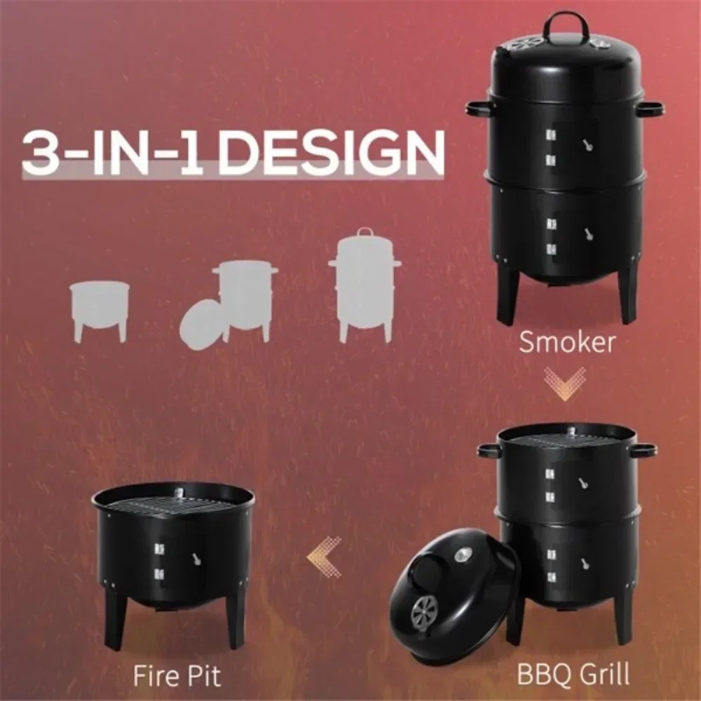 Portable BBQ Grill,3-in-1 smoker fire pit,separated Two-tier cooking area,Lid to save heat and keep smoke in.