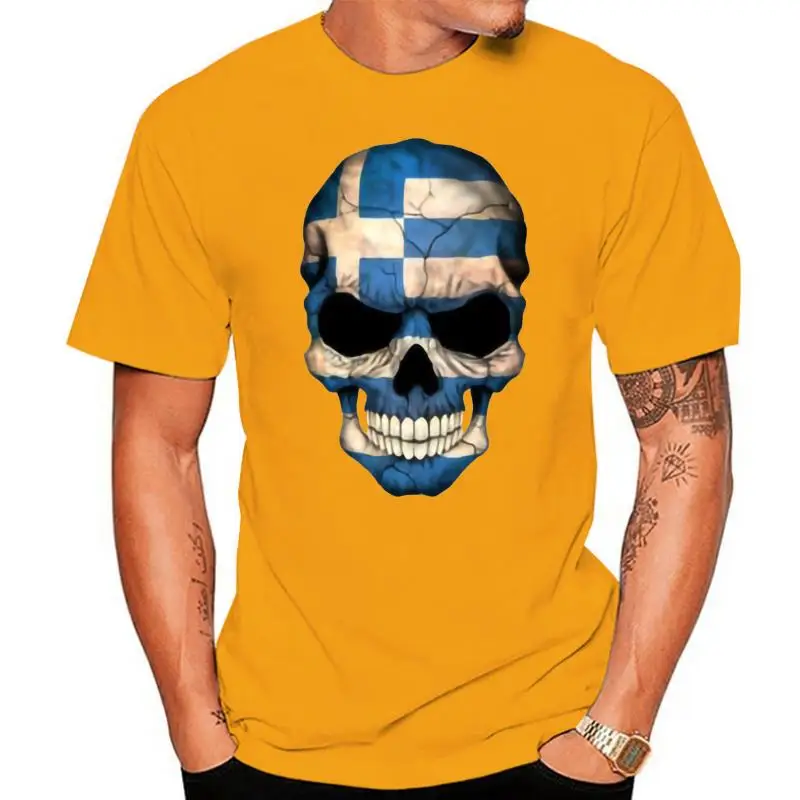 Dropship High Quality Mens Cotton Tee Shirts Greek Flag Skull Printed On T-Shirts Light Blue DJ Rock Punk Band T Shirt For Male