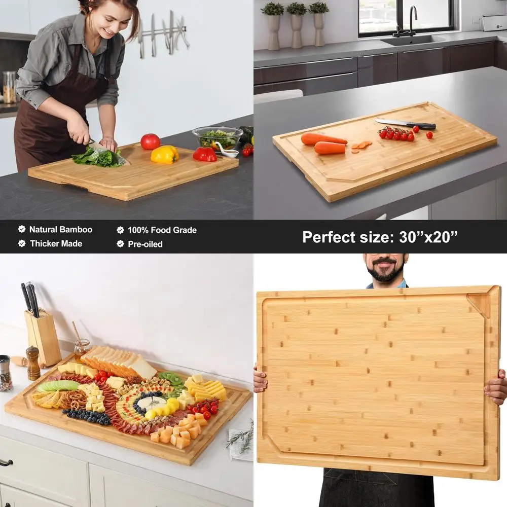 

Large Bamboo Chopping Board with Handle, Juice Groove, and Stove Cover for Kitchen and Charcuterie Use