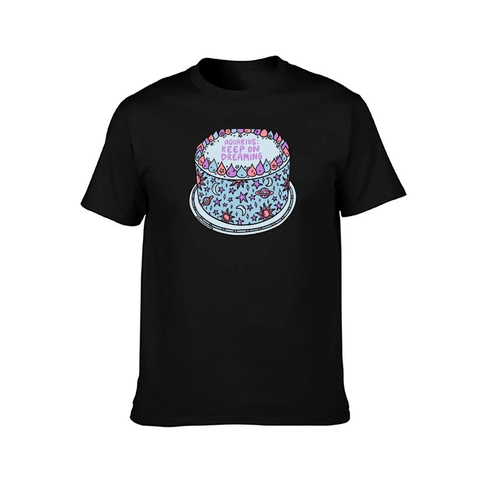 Aquarius Cake T-Shirt, Summer Casual Cotton Tee, Oversized Streetwear Tops, Vintage Graphic Print, Loose Fit Short Sleeve