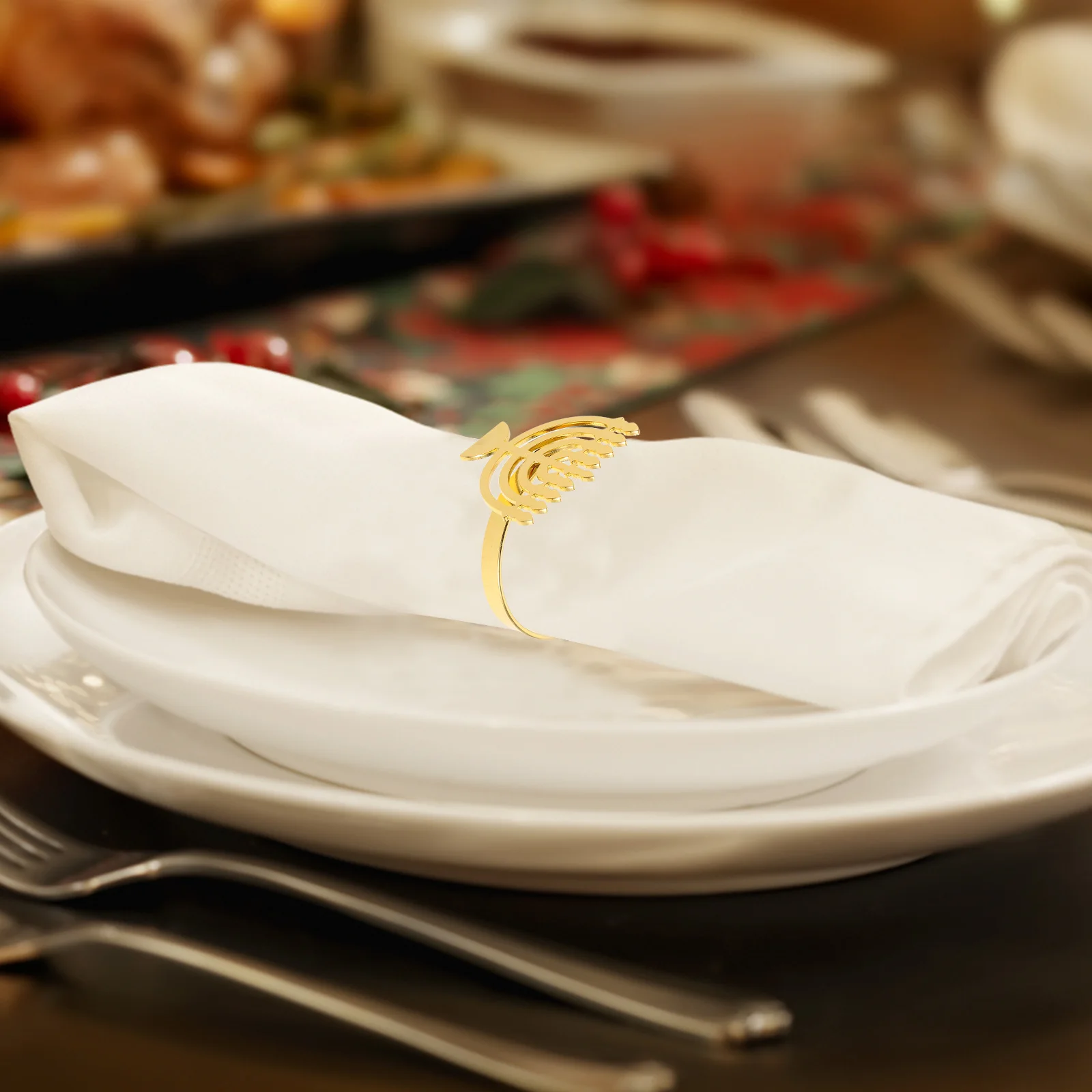 

4 Pcs Hanukkah Napkin Rings Easy Clean Menorah Shaped Party Serviette Holders Table Centerpiece Accessories Jerusalem