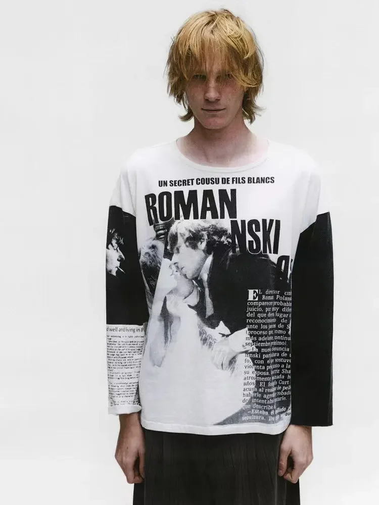 ER/D 25FW Director Roman Portrait Slogan Printing Black and White Contrast Splicing Long Sleeve Tee