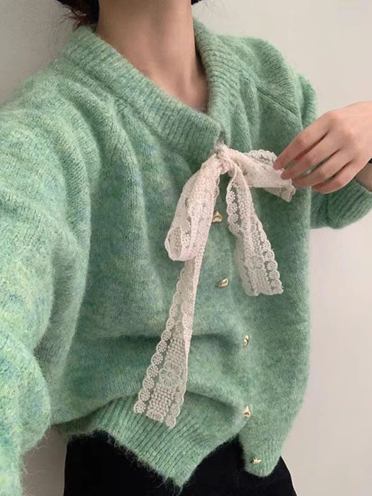 

2025 Autumn Winter Loose O-neck Long Sleeved Sweater Korean Style Retro Bow Lace-Up Cardigan Single Breasted Cute Knit Tops