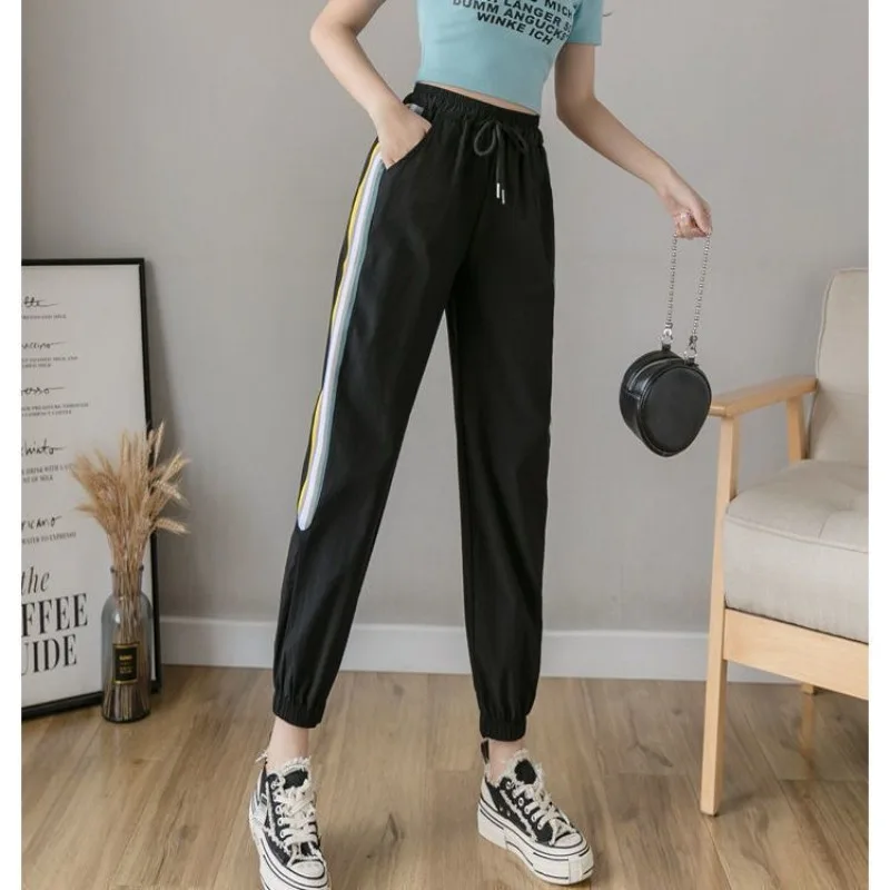 Women's Spring Summer Solid Pockets Elastic High Waisted Striped Casual Sports Lantern Trousers Office Lady Vacation Pants