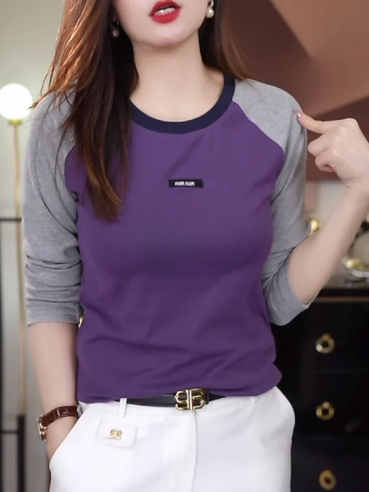 Autumn Pink Shoulder Length Long Sleeved T-shirt for Women's Clothing New Autumn Winter Collection Color Minimalist Blocked Top