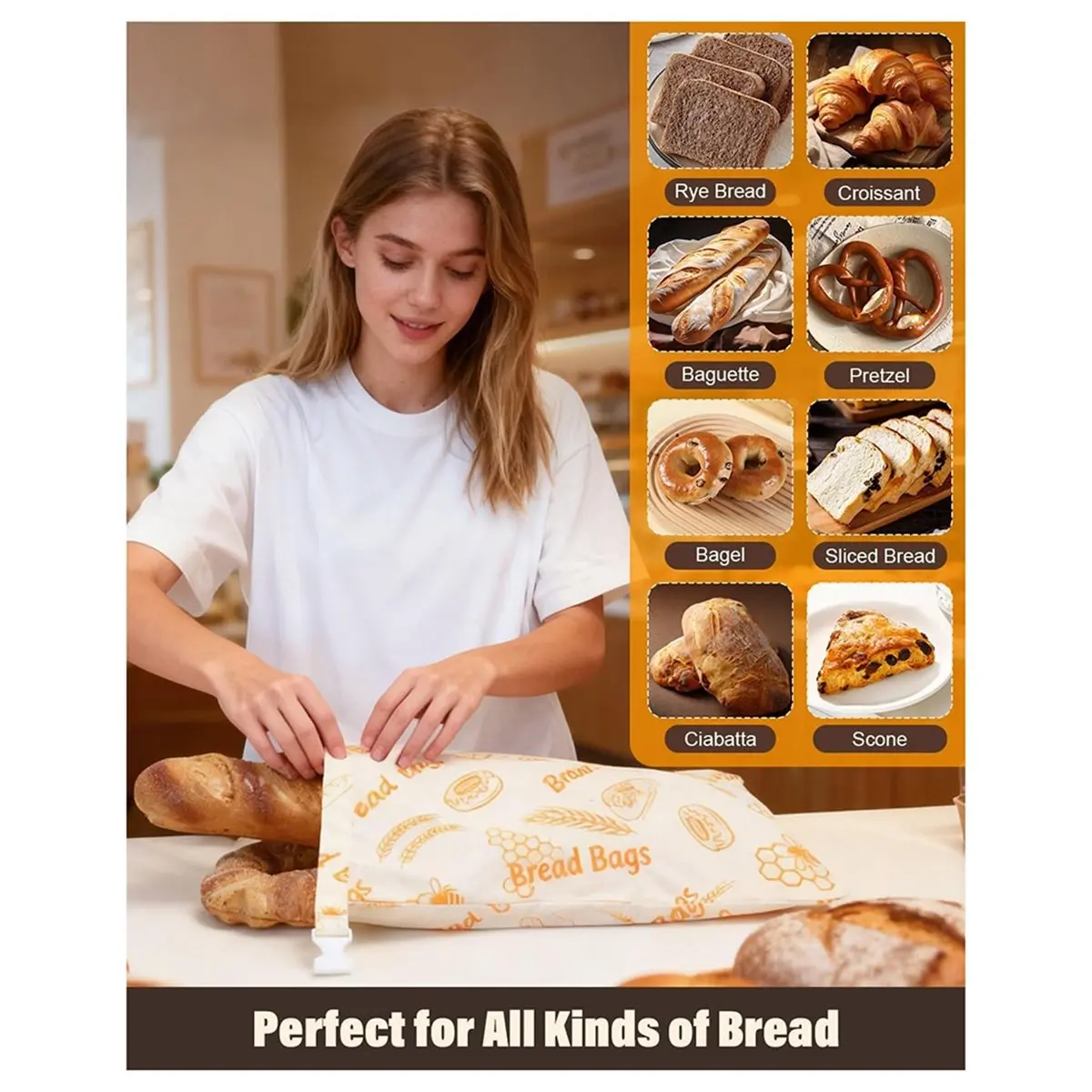 A013 2 Pcs Reusable Beeswax Bread Bags for Freezer & Refrigerator, 17inch X 13inch Natural Beeswax-Lined Cotton Storage Bags