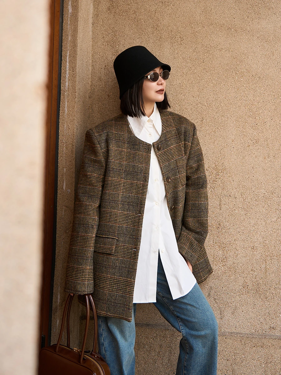 

TOFOD Vintage Sle Tweed Woolen Coat Full Wool Plaid Cardigan Long Sve round Ne Regular Thin Chinese Production