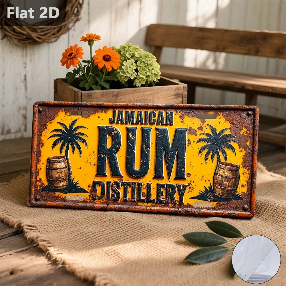 2D Flat, 1pc Vintage Aluminum  Sign - Rum Distillery Wall Art with Palm Trees & Barrel Design, 30x15cm Industrial Retro Metal - view 2