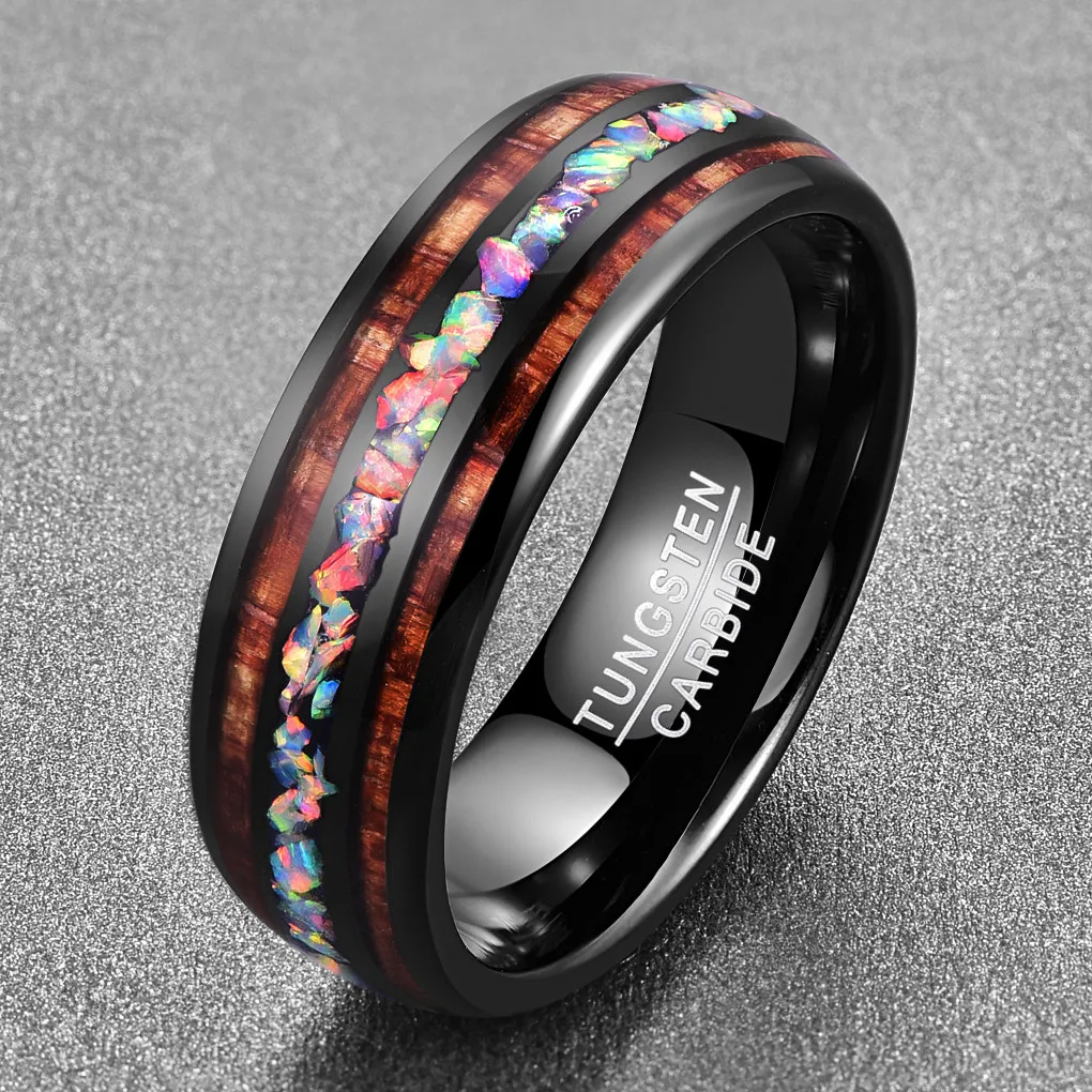 BONLAVIE 6mm  8mm Tungsten Carbide Ring For Men and Women Opal Hawaii Koa Wood Rainbow Ring Size 5-15